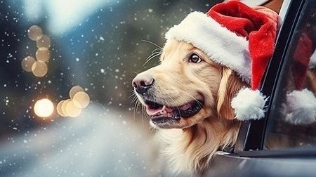 Dog with its head out the window in a Christmas hat.