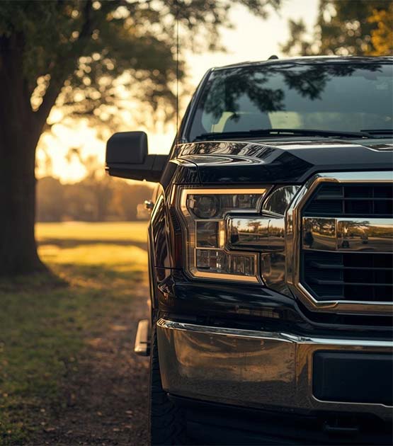 Dark truck on a gravel road.
